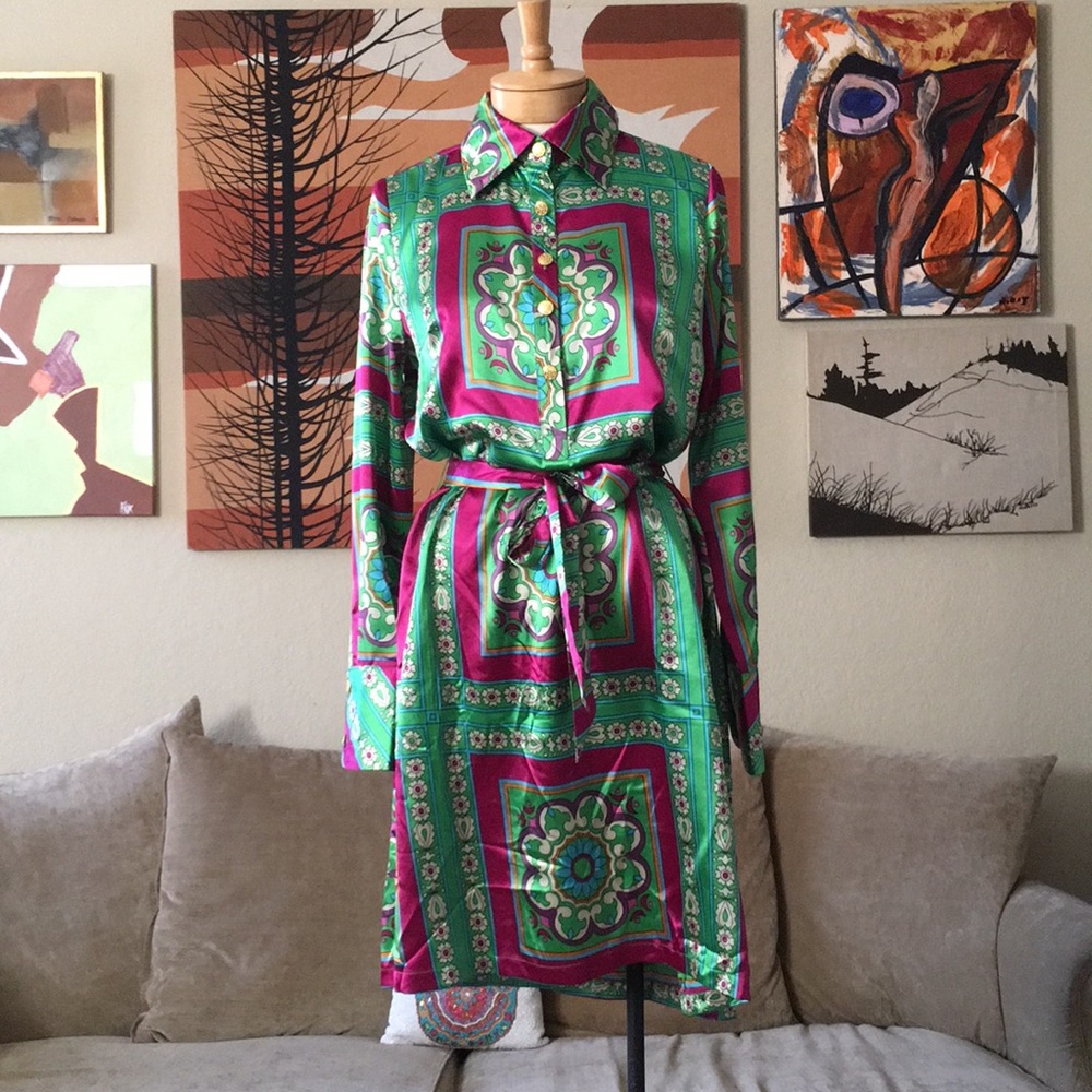 Tracy Porter Emerald Green Satin Scarf Shirt Dress